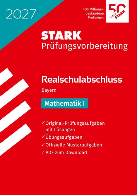 STARK Prüfungsvorbereitung 2027, Mathematik I, Realschulabschluss Bayern, rote Hintergrundfarbe, weißer Text.