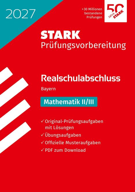 STARK Prüfungsvorbereitung 2027. Realschulabschluss Bayern, Mathematik II/III. Rotes Design mit weißen Linien.
