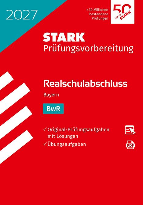 Text: "2027", "STARK Prüfungsvorbereitung", "Realschulabschluss Bayern BwR", Prüfungsaufgaben erwähnt. Rotes Layout.