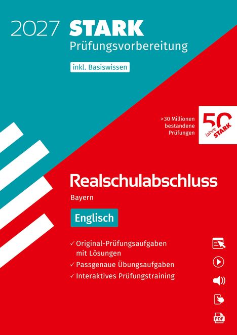 2027 STARK Prüfungsvorbereitung inkl. Basiswissen. Realschulabschluss Bayern Englisch. Text auf farbigem Hintergrund.