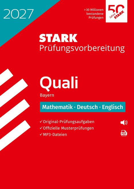 Text: "2027, STARK Prüfungsvorbereitung, Quali Bayern, Mathematik, Deutsch, Englisch". Ein roter Hintergrund mit weißen und blauen Elementen.