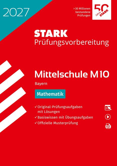 2027, STARK Prüfungsvorbereitung, Mittelschule M10, Bayern, Mathematik. Rotes Cover, weiße und blaue Schrift.