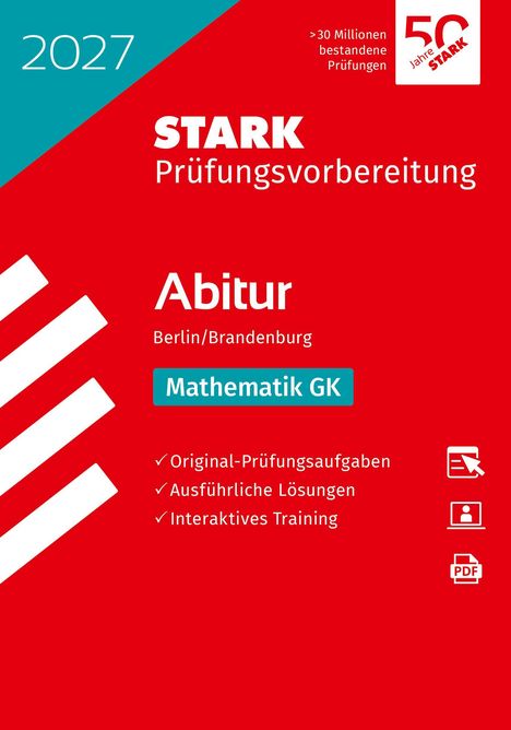 2027, STARK Prüfungsvorbereitung, Abitur Berlin/Brandenburg, Mathematik GK. Rotes Design, weißer Text, Bildsymbole.