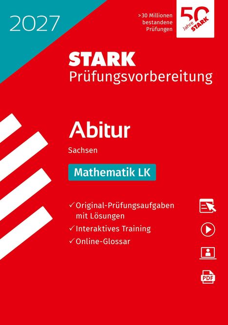 2027 STARK Prüfungsvorbereitung Abitur Sachsen Mathematik LK. Rotes Design mit Symbolen und Logo.