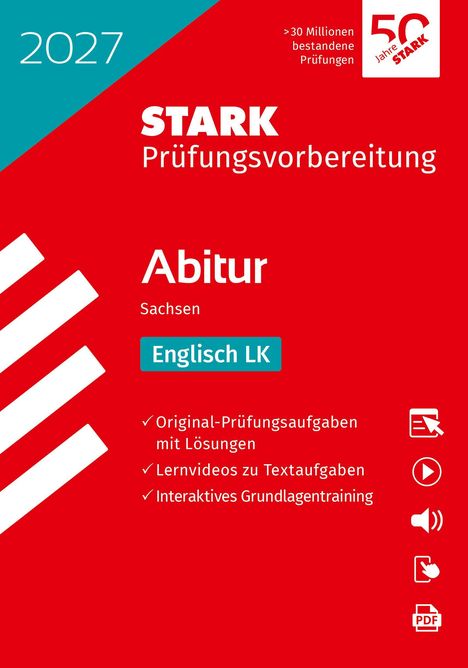 2027. STARK Prüfungsvorbereitung Abitur Sachsen Englisch LK. Rotes Cover mit Logos und Symbolen.