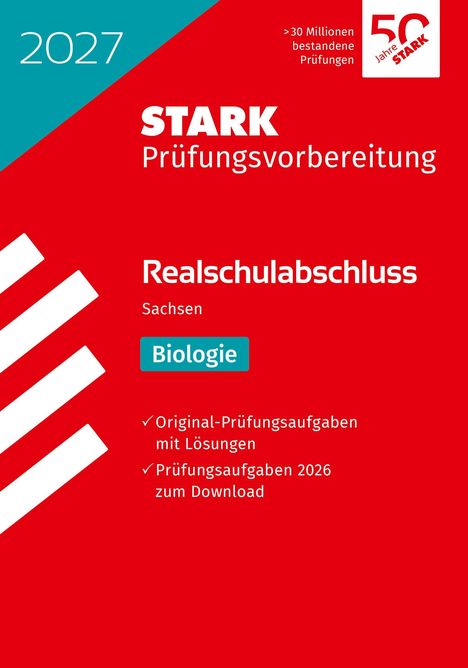 "Prüfungsvorbereitung 2027, Realschulabschluss Sachsen, Biologie. Original-Prüfungsaufgaben, Lösungen, Download." Rot-Blaues Cover.