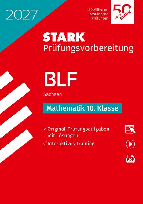 „STARK Prüfungsvorbereitung BLF Sachsen Mathematik 10. Klasse“. Rotes, modernes Buchtitel-Layout mit Logos.