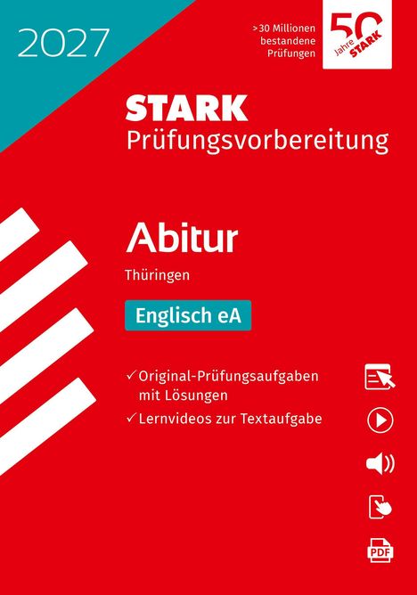 Text: "2027, STARK Prüfungsvorbereitung, Abitur Thüringen, Englisch eA. Original-Prüfungsaufgaben mit Lösungen, Lernvideos zur Textaufgabe." 
Design: Rot mit blauen und weißen Elementen.