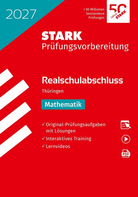 Text: "2027, STARK Prüfungsvorbereitung, Realschulabschluss Thüringen, Mathematik." Rotes Design mit weißen Balken.