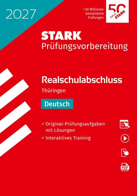 Text: "2027, STARK Prüfungsvorbereitung, Realschulabschluss Thüringen, Deutsch, Original-Prüfungsaufgaben mit Lösungen, Interaktives Training." Rot-türkises Cover mit Logos und Icons.