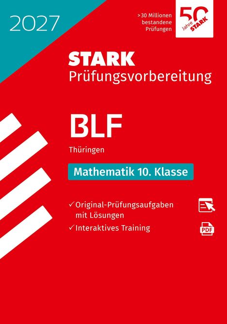 2027 STARK Prüfungsvorbereitung BLF Thüringen Mathematik 10. Klasse. Roter Hintergrund, weiße und blaue Details.