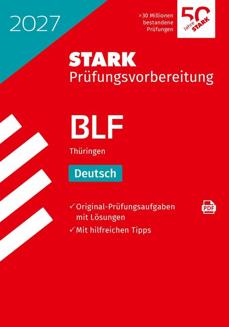 Text: 2027, STARK Prüfungsvorbereitung, BLF Thüringen, Deutsch. Checkliste mit Häkchen: Original-Prüfungsaufgaben.   
Design: Rotes Cover mit einem diagonalen blauen Abschnitt oben links.