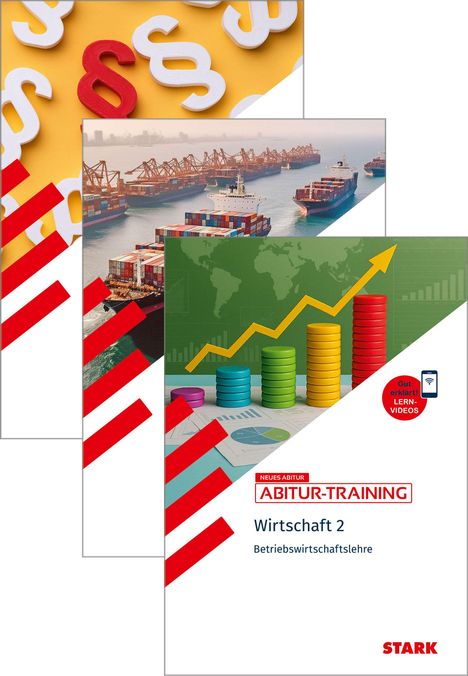 "Abitur-Training Wirtschaft 2: Betriebswirtschaftslehre" und "Gut erklärt! Lern-Videos". Farbige Diagramme und Weltkarte.