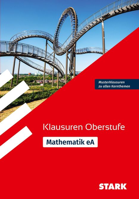 „Klausuren Oberstufe“, „Mathematik eA“, „Musterklausuren zu allen Kernthemen“. Moderne Skulptur im Hintergrund.