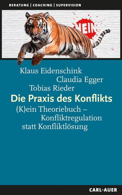 Titel: "Die Praxis des Konflikts". Oben ein Tiger und "NEIN" in roter Schrift auf weißer Wand.