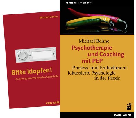Zwei Buchcover: Links "Bitte klopfen!" von Michael Bohne, rechts "Psychotherapie und Coaching mit PEP" von Michael Bohne.