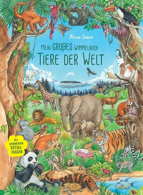 „Mein großes Wimmelbuch - Tiere der Welt“, Illustration mit zahlreichen Tieren in lebendiger Dschungelszene.