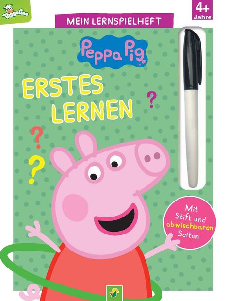 „Erstes Lernen“, „Mein Lernspielheft“, „Mit Stift und abwischbaren Seiten“, Peppa Pig Illustration mit rosa Schwein.