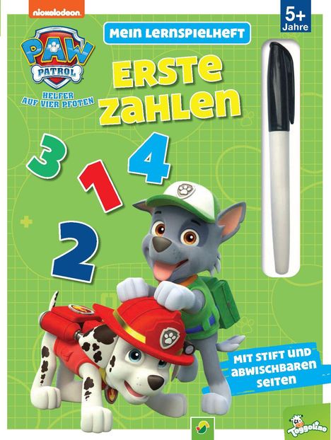 "Erste Zahlen", "Mein Lernspielheft", "Mit Stift und abwischbaren Seiten", 5+ Jahre; Zahlen 3, 1, 4, 2; Hund in Feuerwehroutfit.