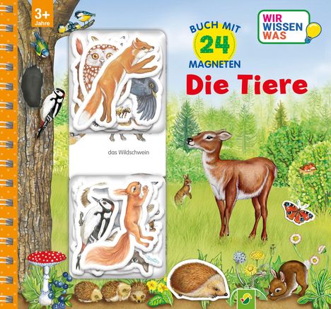 "Buch mit 24 Magneten. Die Tiere. Illustration mit Hirsch, Fuchs, Eule und anderen Tieren in einem Wald. Für Kinder ab 3 Jahre."
