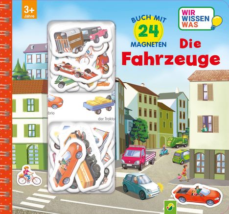 "BUCH MIT 24 MAGNETEN Die Fahrzeuge. Illustration einer belebten Stadtstraße mit verschiedenen Fahrzeugen und Menschen."