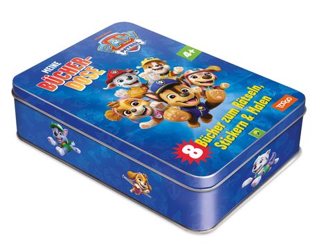 "Meine Bücher-Dose", "8 Bücher zum Rätseln, Stickern & Malen", Paw Patrol Illustrationen auf einer blauen Metalldose.