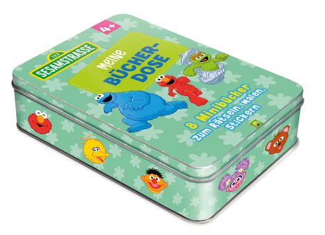 "Meine Bücher-Dose: 8 Minibücher zum Rätseln, Malen, Stickern." Illustrationen von bekannten Figuren auf einer Dose.
