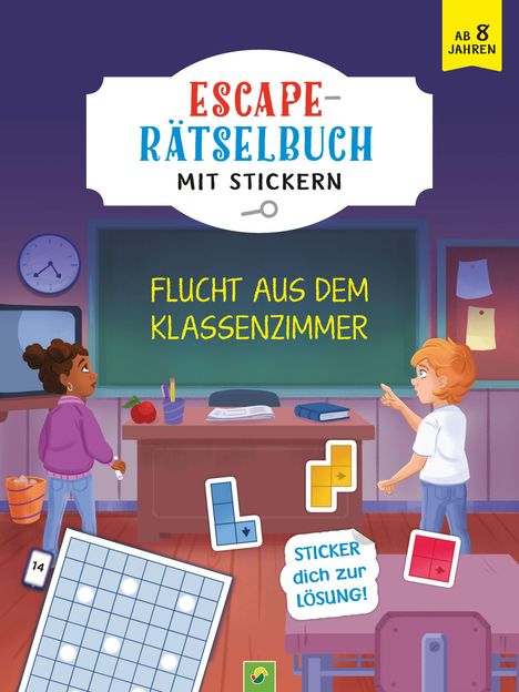 „Escape-Rätselbuch mit Stickern“, „Flucht aus dem Klassenzimmer“, „Sticker dich zur Lösung!“ Illustration mit Kindern.