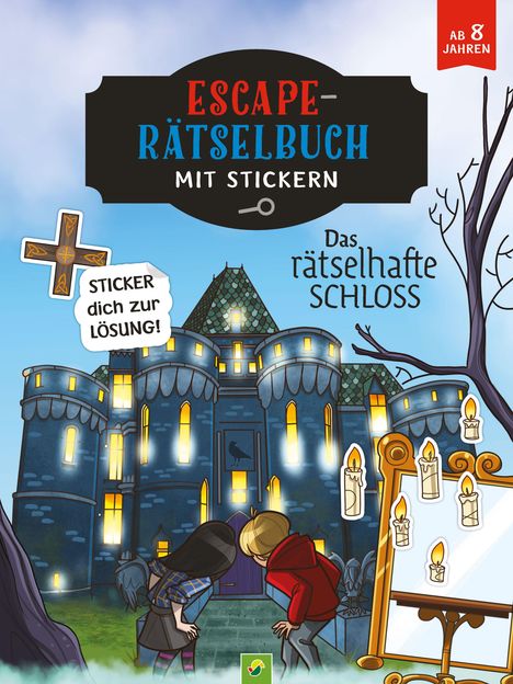"Escape-Rätselbuch mit Stickern. Das rätselhafte Schloss. Sticker dich zur Lösung!" zeigt ein Schloss, Kinder und Kerzen.