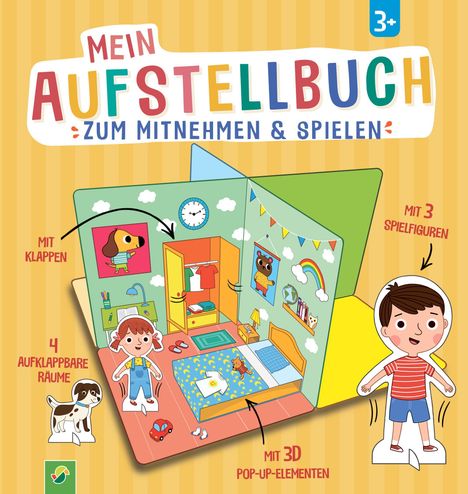 „Mein Aufstellbuch zum Mitnehmen & Spielen“. Illustration: Kinderzimmer-Szene mit Pop-up und Figuren. Enthält 4 Räume.