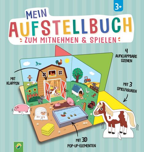 "Mein Aufstellbuch zum Mitnehmen & Spielen" zeigt bunte Bauernhof-Szenen mit Tieren, Klappen, 3D-Elementen und Spielfiguren.
