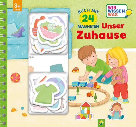 „Buch mit 24 Magneten Unser Zuhause“ zeigt zwei Kinder beim Spielen im Kinderzimmer.