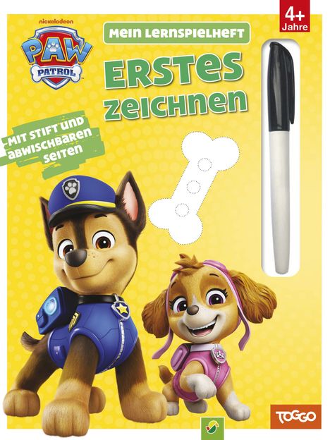 „Mein Lernspielheft: Erstes Zeichnen“ für Kinder ab 4 Jahren mit Hunden in Uniform vor gelbem Hintergrund.
