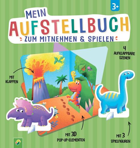 "Mein Aufstellbuch zum Mitnehmen & Spielen. 4 aufklappbare Szenen, mit 3D Pop-up-Elementen, mit 3 Spielfiguren." Bunte Dinosaurier.