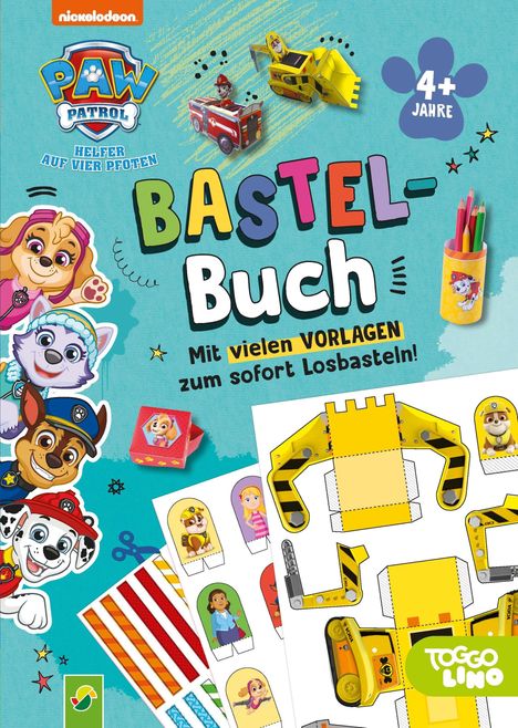 "Paw Patrol Bastelbuch. Mit vielen Vorlagen zum sofort Losbasteln! Logo, bunte Zeichnungen von Hunden und Bastelmaterialien."