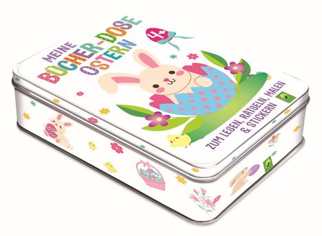 "Meine Bücher-Dose Ostern ab 4+. Zum Lesen, Rätseln, Malen & Stickern." Illustration mit Hase, Küken, Blumen.
