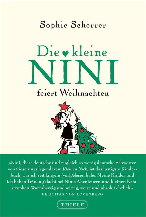 "Die kleine Nini feiert Weihnachten" von Sophie Scherrer. Illustration: Mädchen schmückt Tannenbaum mit rotem Stern.
