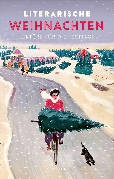 "LITERARISCHE WEIHNACHTEN - LEKTÜRE FÜR DIE FESTTAGE." Eine Person auf einem Fahrrad transportiert einen Tannenbaum im Schnee.