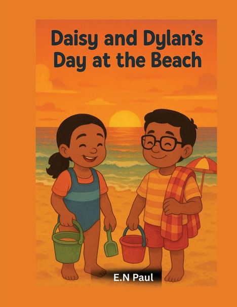 "Daisy and Dylan’s Day at the Beach" steht oben. Zwei fröhliche Kinder am Strand, halten Eimer und Schaufel.
