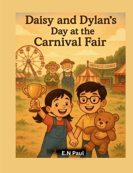 Text: "Daisy and Dylan's Day at the Carnival Fair." Illustration zweier fröhlicher Kinder mit Pokal und Teddy, Jahrmarkt im Hintergrund.