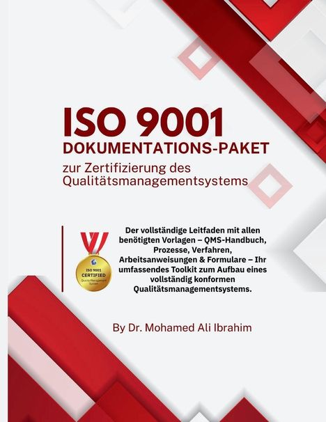 Text: ISO 9001 DOKUMENTATIONS-PAKET zur Zertifizierung des Qualitätsmanagementsystems. Beige, rot und weiße Linien.