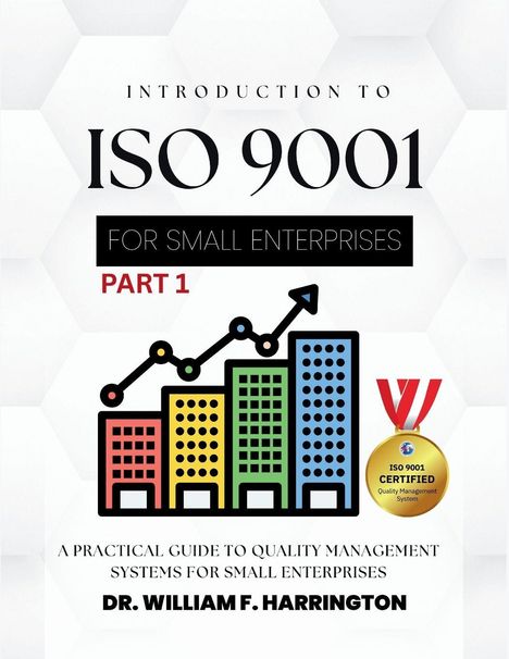 "ISO 9001 for Small Enterprises Part 1" zeigt farbige Balkendiagramm-Illustration und goldene Medaille mit rotem Band.