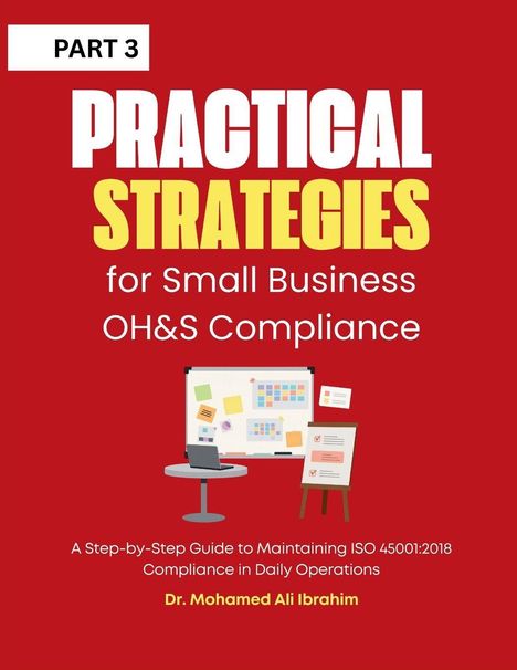 Text: "PART 3 PRACTICAL STRATEGIES for Small Business OH&S Compliance" Illustration eines Büros mit Whiteboard.