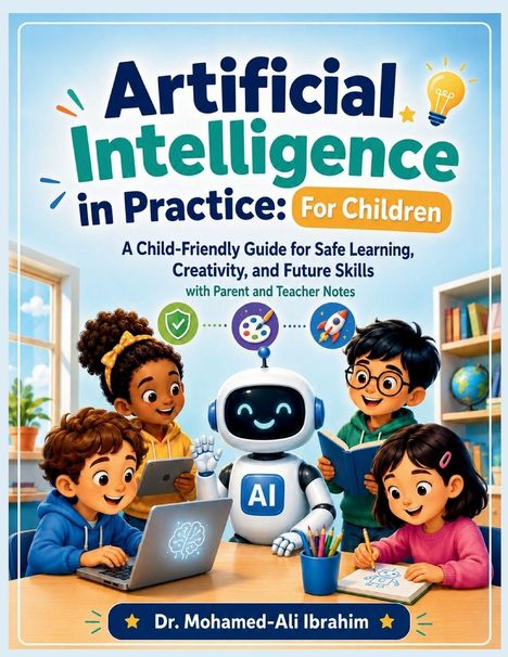 „Artificial Intelligence in Practice: For Children“. Kinder mit Roboter und Buch. Fröhliche Lernumgebung.