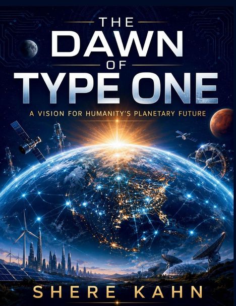 "The Dawn of Type One: A Vision for Humanity’s Planetary Future" – Shere Kahn. Zukunftsvision mit Erde, Satelliten, Windrädern.