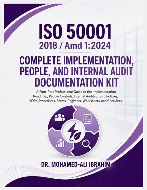 "ISO 50001 2018 / Amd 1:2024. Complete Implementation, People, and Internal Audit Documentation Kit." Logo: Blatt mit Blitz.