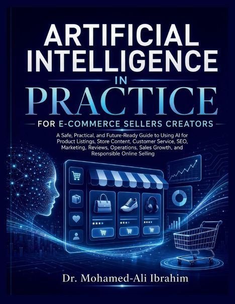ARTIFICIAL INTELLIGENCE IN PRACTICE. E-Commerce Symbole, digitales Gesicht, Einkaufswagen, Diagramm.