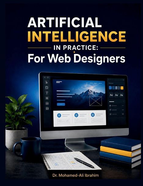 "Artificial Intelligence in Practice: For Web Designers" steht oben. Darunter ein Schreibtisch mit Monitor, Notizbuch und Tasse.