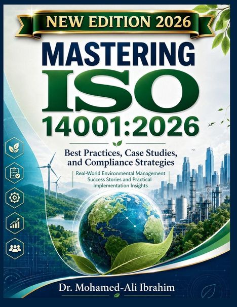 "New Edition 2026: Mastering ISO 14001:2026, Best Practices. Illustration: Erde, Skyline, Windräder, Blätter, Symbole links."
