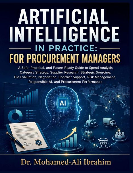 "Artificial Intelligence in Practice: For Procurement Managers" und der Name "Dr. Mohamed-Ali Ibrahim" sind prominent. Eine Illustration zeigt ein digitales Profil mit AI-Symbol, Grafiken und wirtschaftlichen Icons.